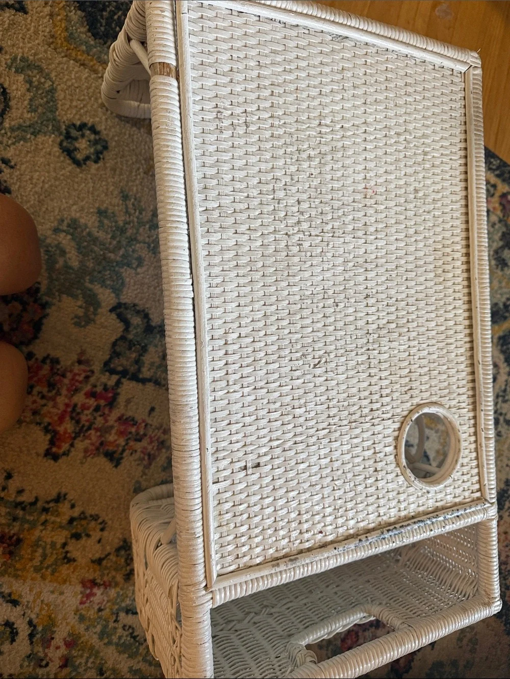 Vintage White Wicker Tray Table with Side Storage.